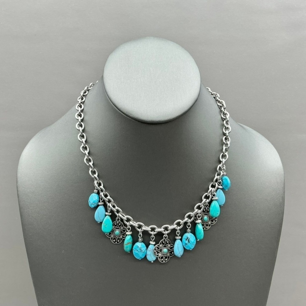 Chaps Necklace Women Blue Faux Turquoise Beaded Silver Tone Filigree Boho Style